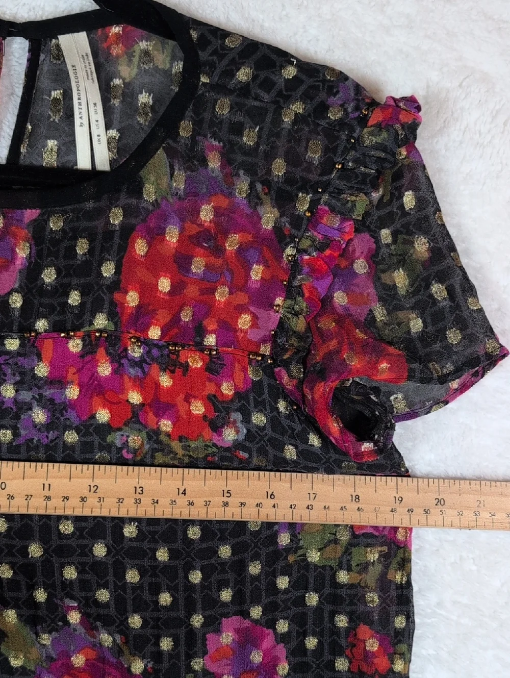 54-Anthropologie Black Sheer Floral Blouse with Gold Dots - Picture 4 of 7